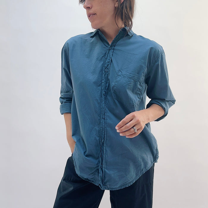 Close-up front view of the Alix Top in Moonlit Ocean highlighting the button placket, chest pocket, and point collar
