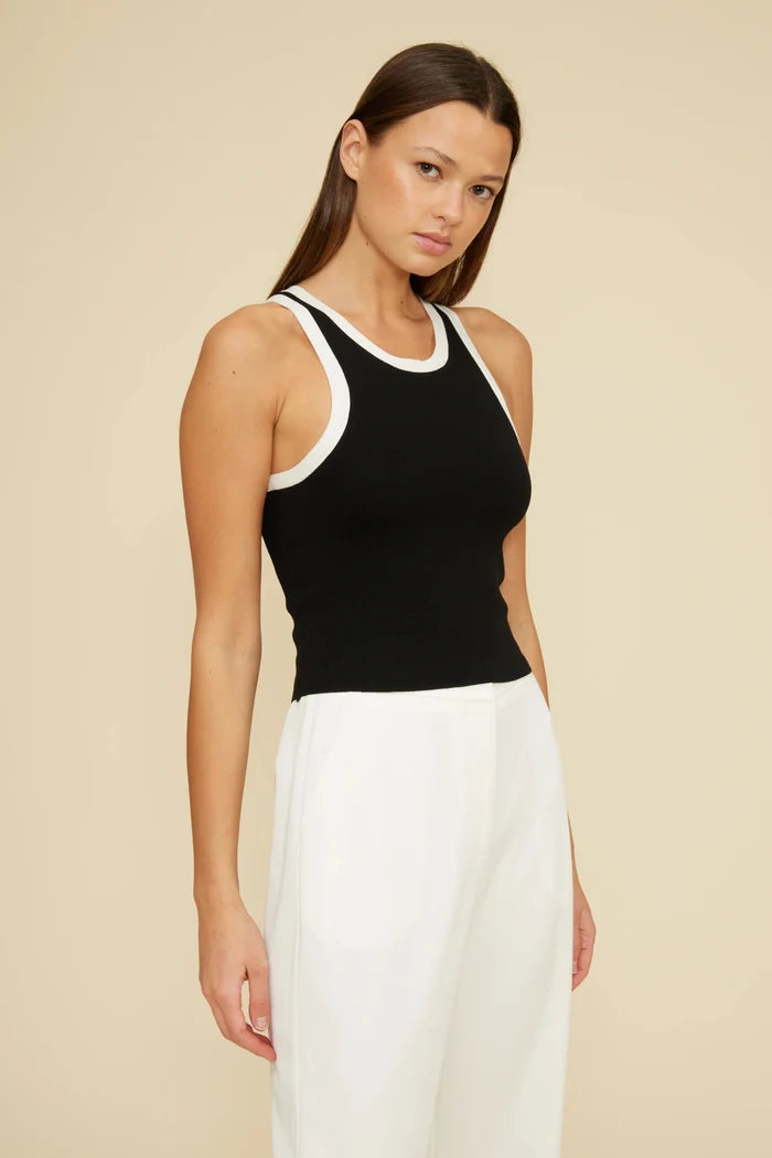 LUCY PARIS BRANDI CUTAWAY TANK TOP – A SLEEK BLACK TANK WITH WHITE TRIM AND A MODERN SILHOUETTE