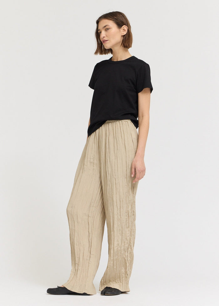Woman wearing a black t-shirt and beige pleated pants on a white background