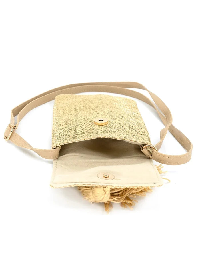 Gold textured crossbody cellphone bag with beige leather strap and tassel fringe detail, shown open and closed.