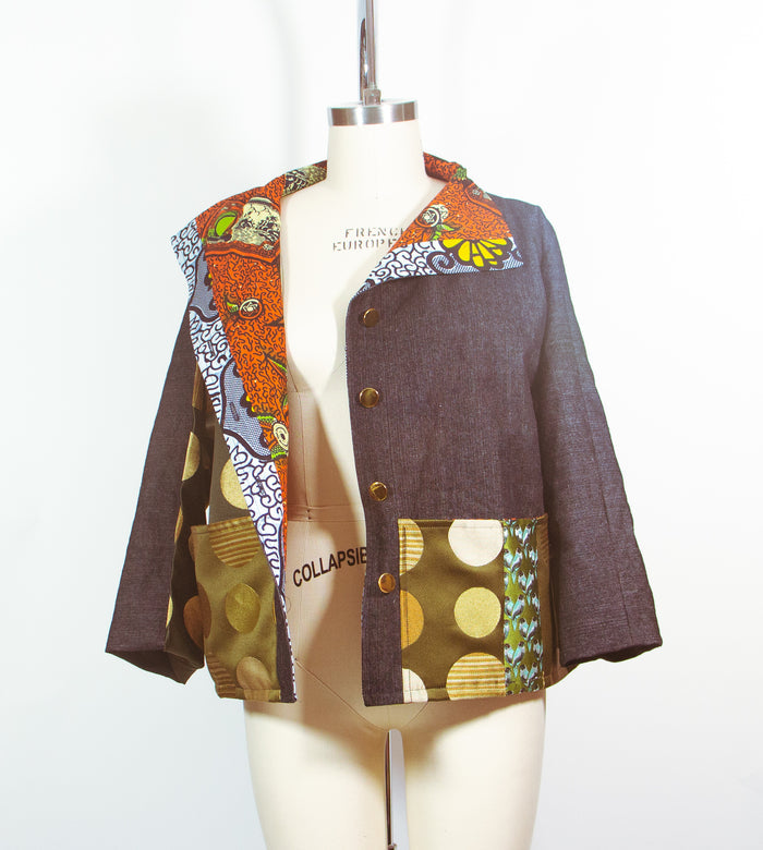 Patchwork Car Coat in Denim and Print Silk Satin