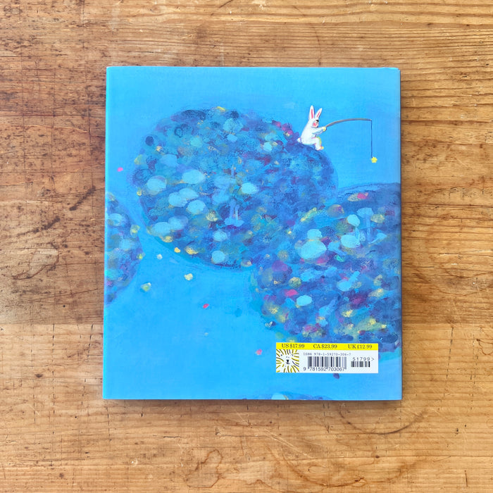 Back of the book cover with a colorful design and a rabbit on a blue background, placed on a wooden surface.