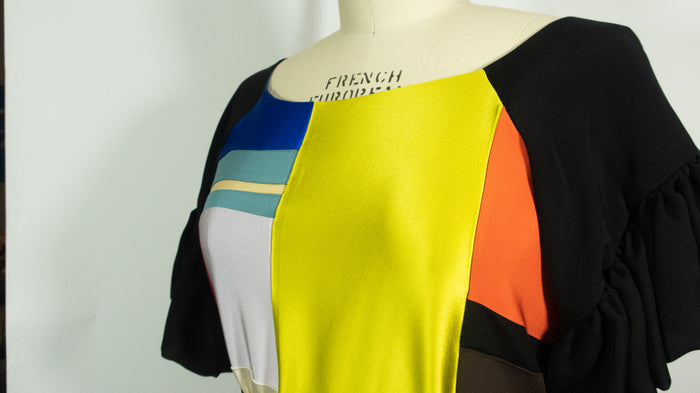 Short Sleeve 4ply Silk Black wih Color Patchwork Tunic