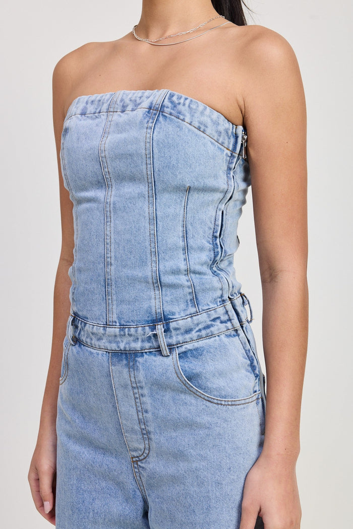 EMORY PARK STRAPLESS LIGHT WASH DENIM JUMPSUIT 100% COTTON SIDE ZIPPER