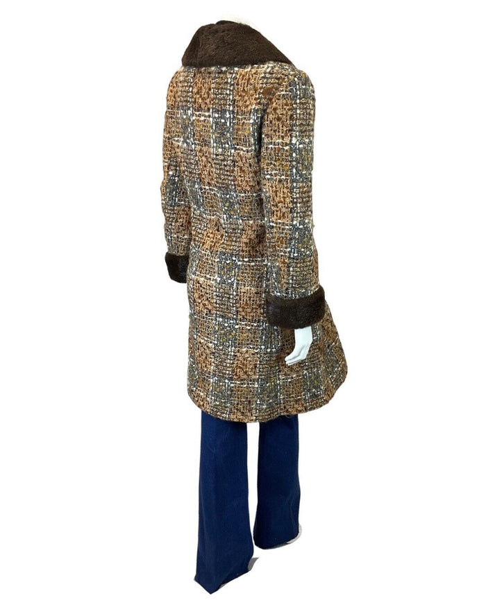 VINTAGE 60s 70s BROWN CREAM PLAID CHECKED FAUX FUR MOD WOOL COAT 16