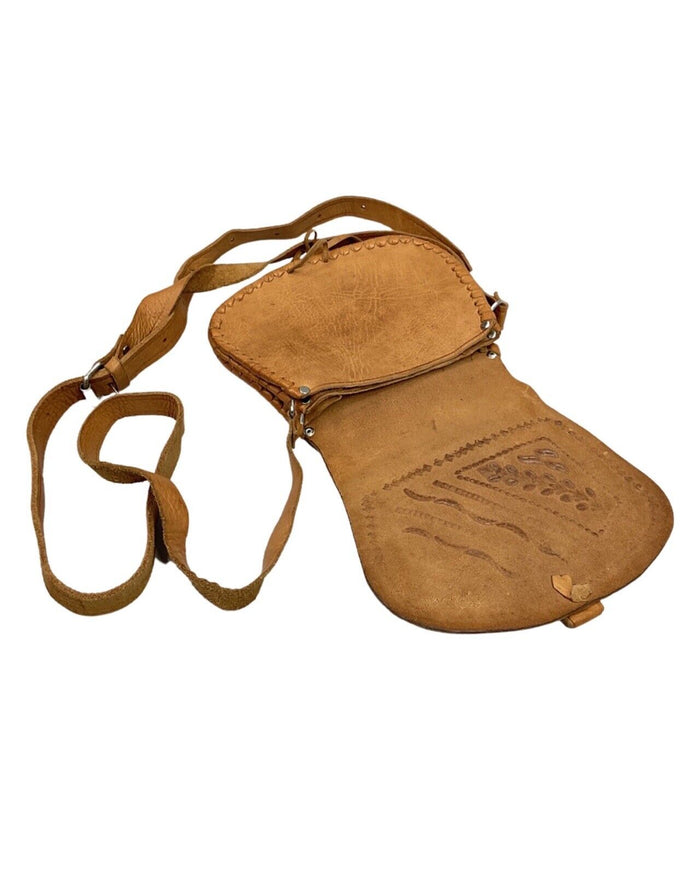 VINTAGE 60s 70s BROWN TOOLED LEATHER BOHO FLORAL VINE LEAFY MINI SHOULDER BAG