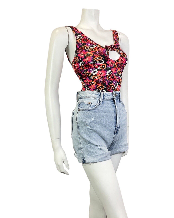 VINTAGE 60s 70s PINK BLACK ORANGE NEON PSYCHEDELIC FLORAL SWIMSUIT BODYSUIT 10