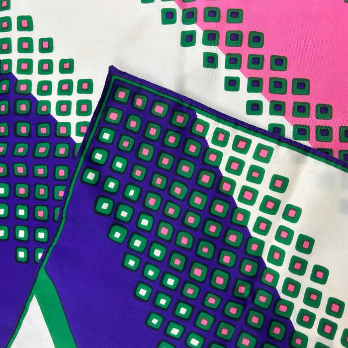VINTAGE 60s 70s PINK GREEN WHITE BLUE, GEOMETRIC, ABSTRACT, PSYCHEDELIC SCARF