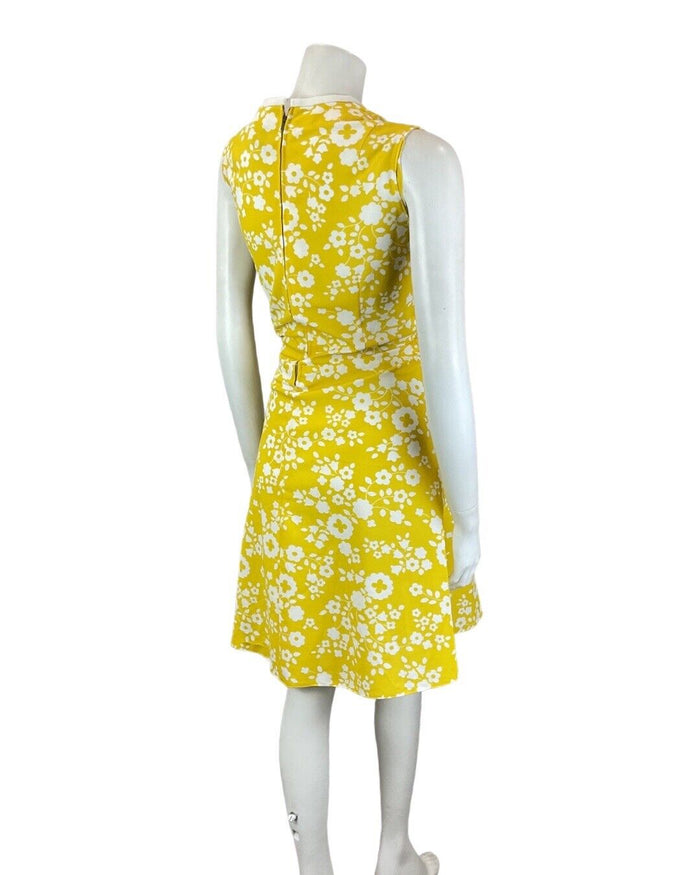 VINTAGE 60s 70s SUNSHINE YELLOW WHITE DAISY FLOWER MOD SLEEVELESS DRESS 14