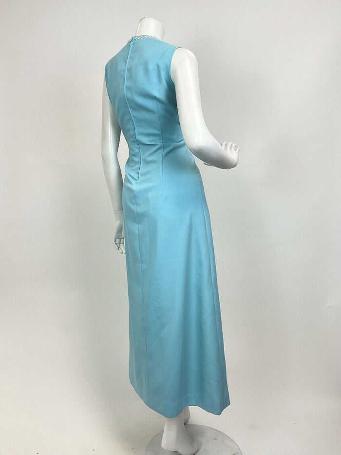 VTG 60s 70s BABY BLUE SILVER DIAMANTE EMPIRE LINE MOD SLEEVELESS MAXI DRESS 10