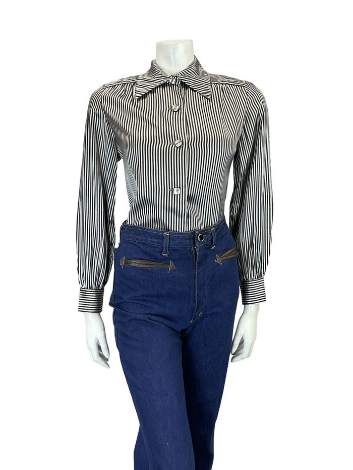 VTG 60S 70S BLACK WHITE SILKY SHINY MINI DAGGER COLLAR STRIPED PARTY SHIRT 10