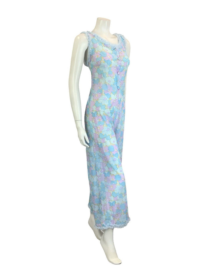 VTG 60S 70S BLUE LILAC PURPLE FLORAL RUFFLE NIGHT WEAR NIGHTGOWN JUMPSUIT 8