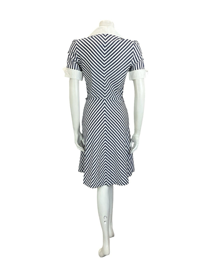 VTG 60S 70S BLUE WHITE NAUTICAL STRIPE CHEVRON WING COLLAR A. LINE DRESS 8