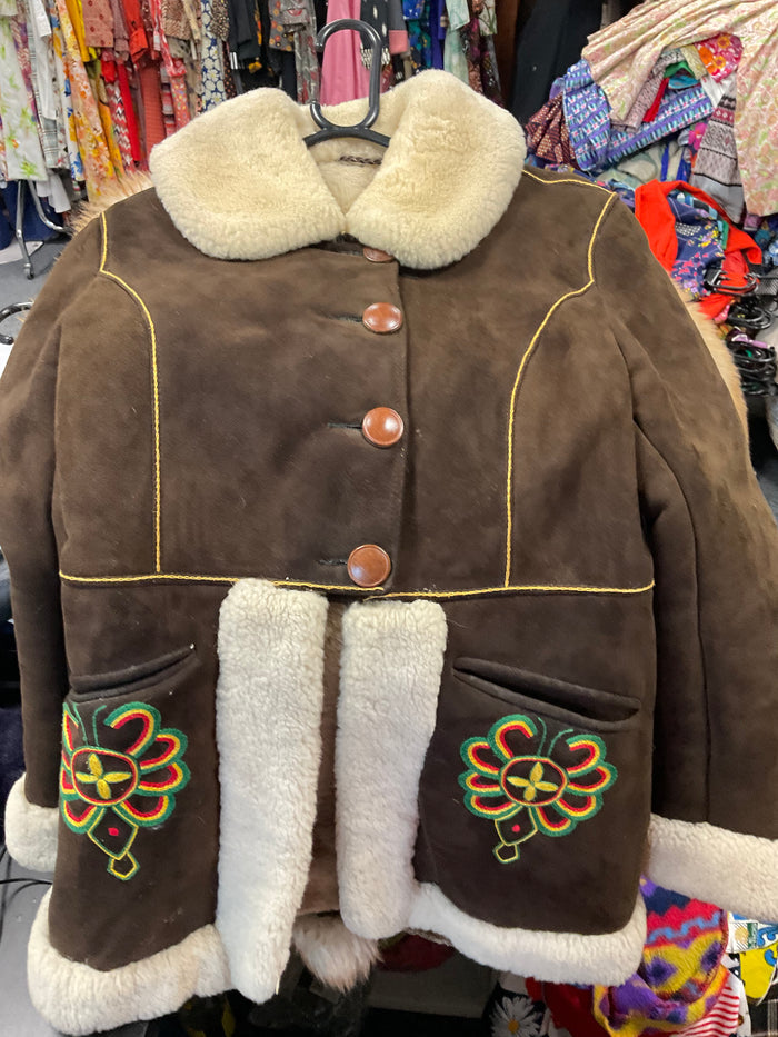 VTG 60s 70s DARK BROWN EMBROIDERED CREAM FUR SUEDE BOHO PENNY LANE COAT
