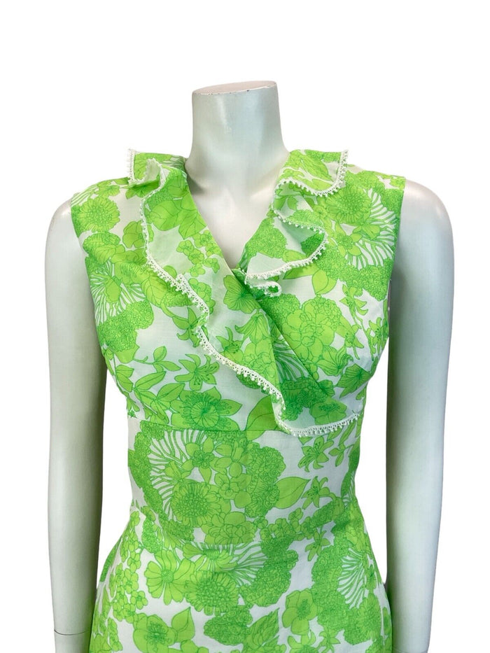 VTG 60S 70S FLORAL WRAP RUFFLE MOD MINI DRESS GREEN WHITE 10