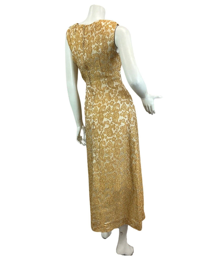VTG 60s 70s GOLD BRONZE PAISLEY PRINT EMBROIDERED BOHO PARTY MAXI DRESS 10 12