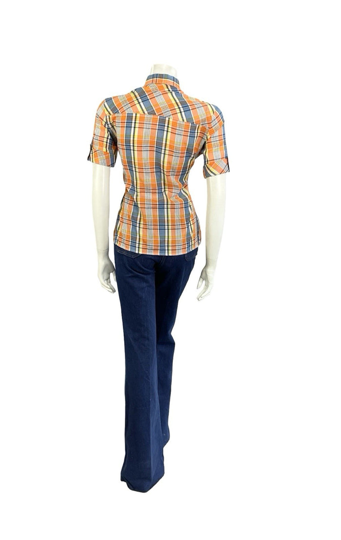 VTG 60S 70S MOD ORANGE YELLOW WHITE BLUE PLAID TARTAN DAGGER COLLAR SHIRT 12