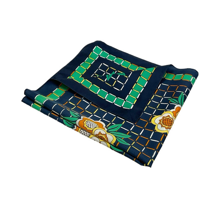 VTG 60S 70S NAVY BLUE GREEN YELLOW ORANGE GEOMETRIC GRID FLORAL SCARF