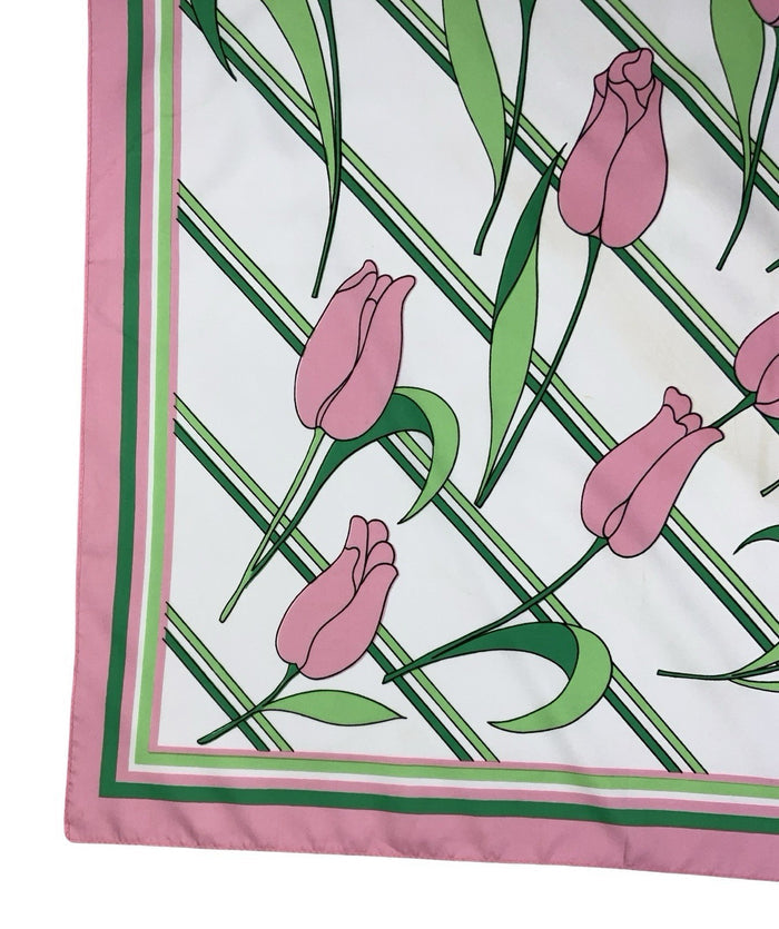 VTG 60S 70S PINK GREEN WHITE STRIPED TULIP FLORAL FLOWER ROSE SCARF