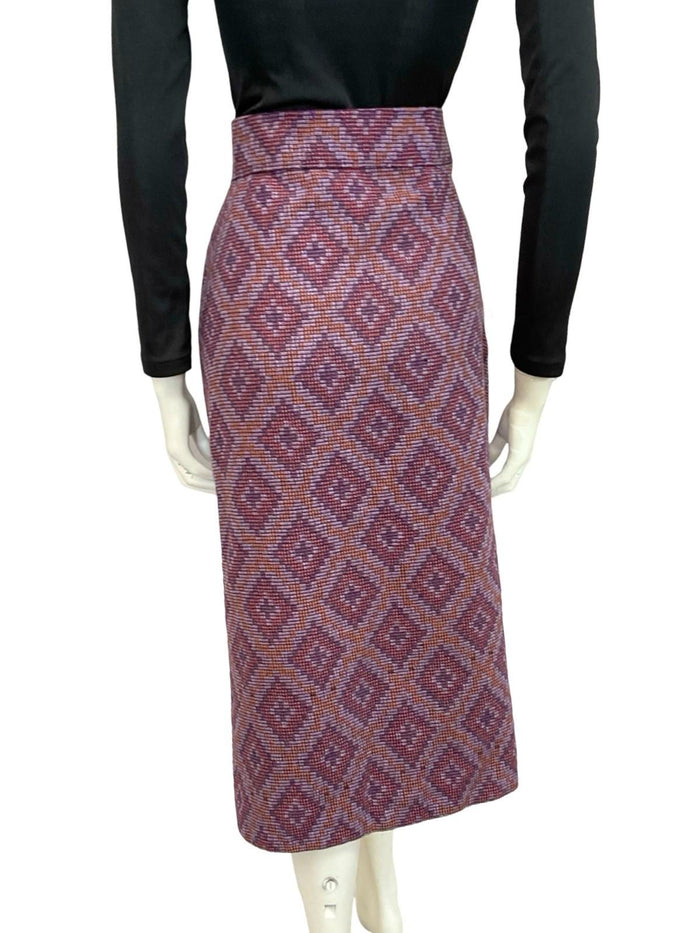 VTG 60S 70S PURPLE ORANGE GEOMETRIC DIAMOND WOVEN WOOL PENCIL MIDI SKIRT 10 12