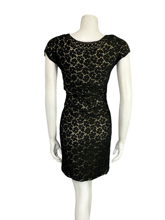 VTG 60S BLACK LACE GOLD V BOAT NECK SHORT SLEEVE PARTY SHIFT LBD MINI DRESS 8