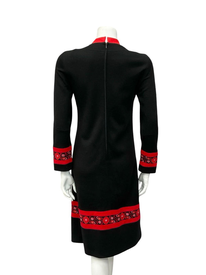 VTG 60S MOD FOLK BLACK RED FLORAL MANDARIN COLLAR SHIFT MIDI DRESS 10