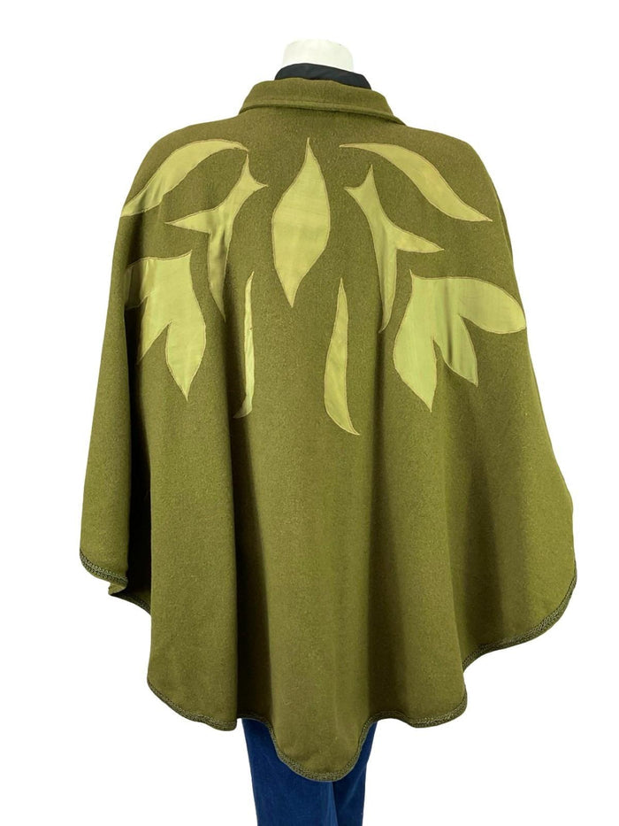 VTG 70S 80S OLIVE GREEN PSYCHEDELIC APPLIQUE BOHO WOOL FELT CAPE 18 16 L