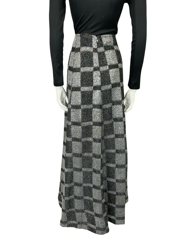 VTG 70S BLACK SILVER LUREX CHECKERBOARD DISCO PARTY MAXI A LINE SKIRT S 8 10