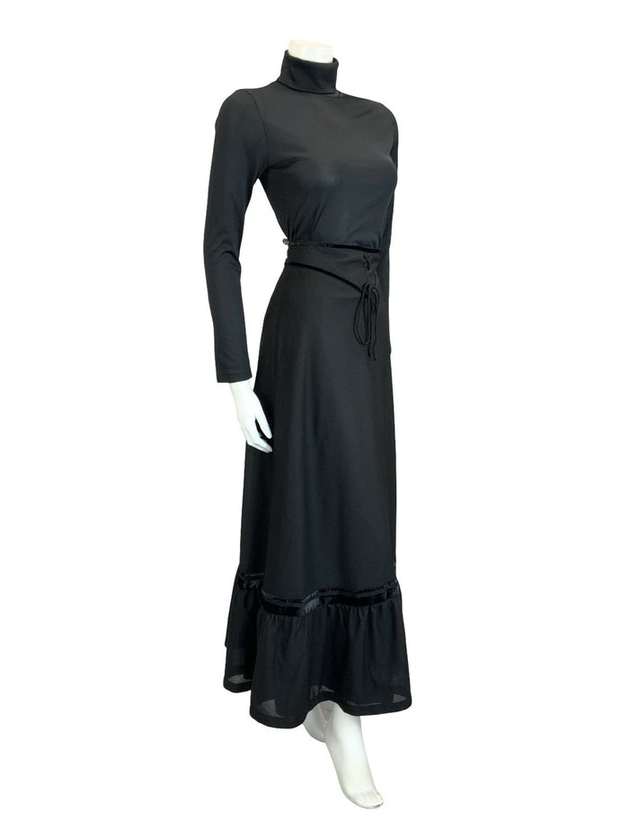 VTG 70S EDWARDIAN MEDIEVAL BLACK VELVET BASQUE WAIST RUFFLE MAXI SKIRT 4 6