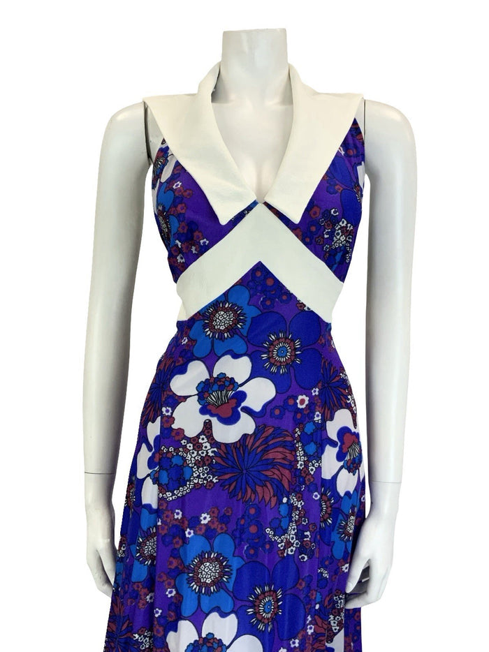 VTG 70S PURPLE BLUE RED WHITE FLORAL PSYCHEDELIC HALTER NECK COLLAR DRESS 18