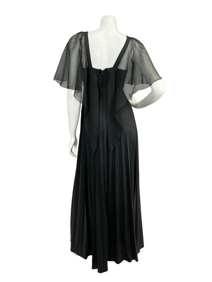 VTG 70S YESSICA BLACK PLEATED MESH CAPE STRAPPY EMPIRE MAXI DRESS 8