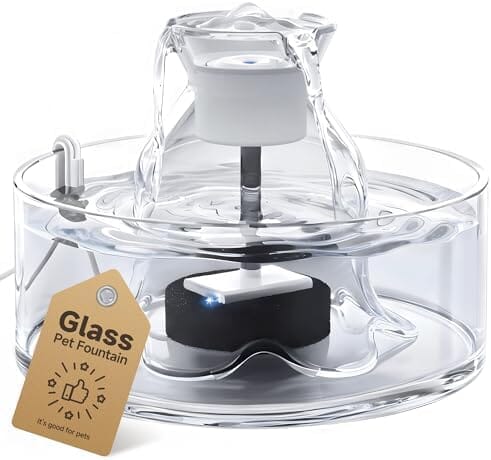 2.7L/91 oz Ultra-Quiet Pet Fountain Glass Cat Water Fountain Includes 2 Filters Dog Bowls & Feeders Pet Clever Glass Fountain