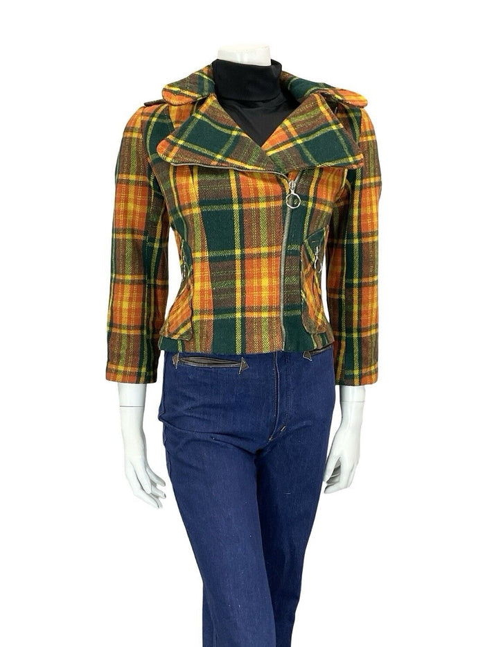 60S 70S GREEN YELLOW ORANGE TARTAN BIKER PUNK MOD O RING ZIP UP WOOL JACKET 8