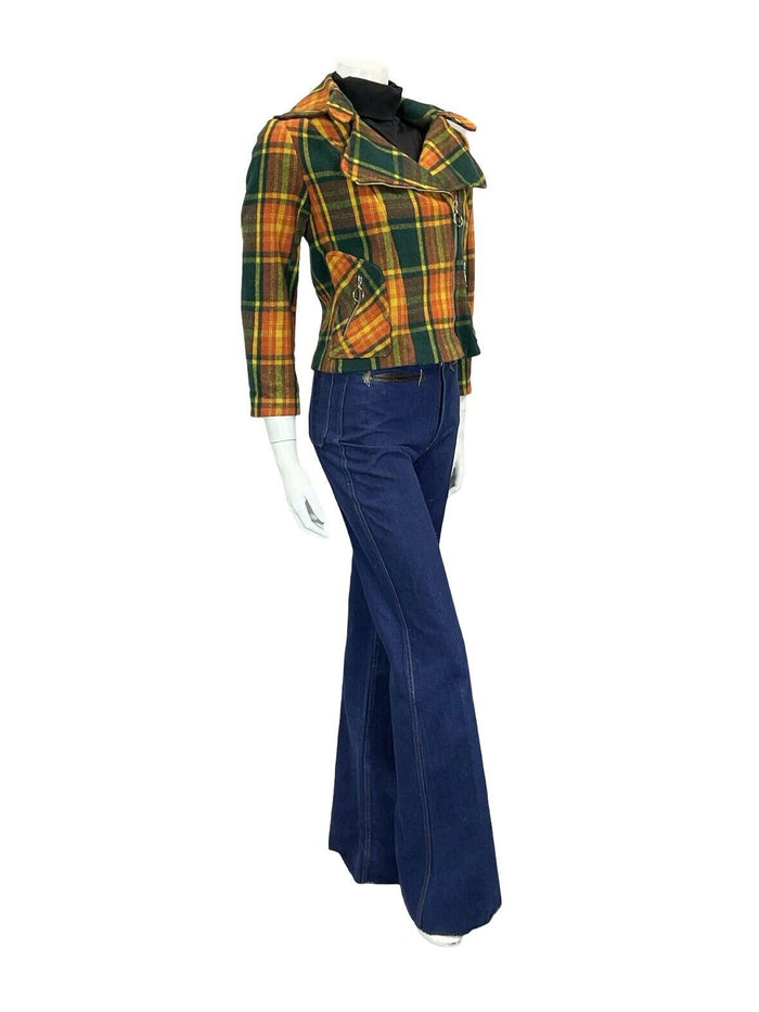 60S 70S GREEN YELLOW ORANGE TARTAN BIKER PUNK MOD O RING ZIP UP WOOL JACKET 8