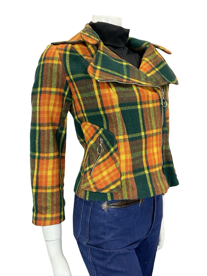 60S 70S GREEN YELLOW ORANGE TARTAN BIKER PUNK MOD O RING ZIP UP WOOL JACKET 8