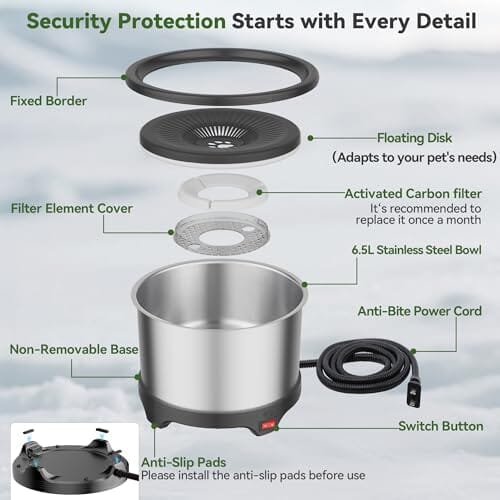 6.5L Heated Water Bowl Stainless Steel Outdoor Heated Dog Bowl with Anti-Chew Cord Dog Bowls & Feeders Pet Clever