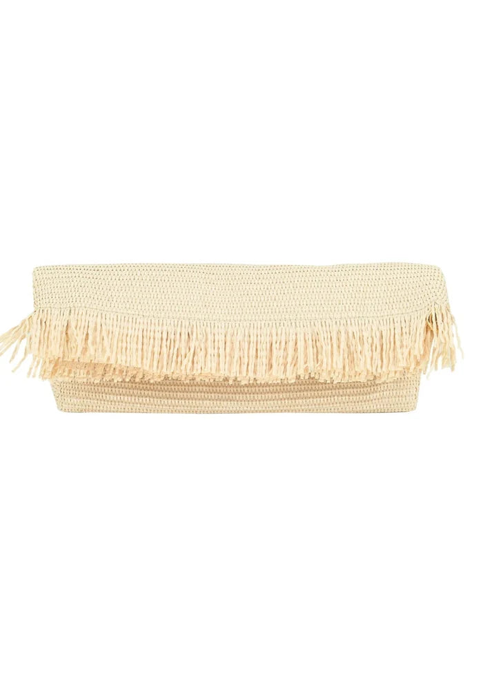 Beige woven straw clutch with fringe trim detail across the front.