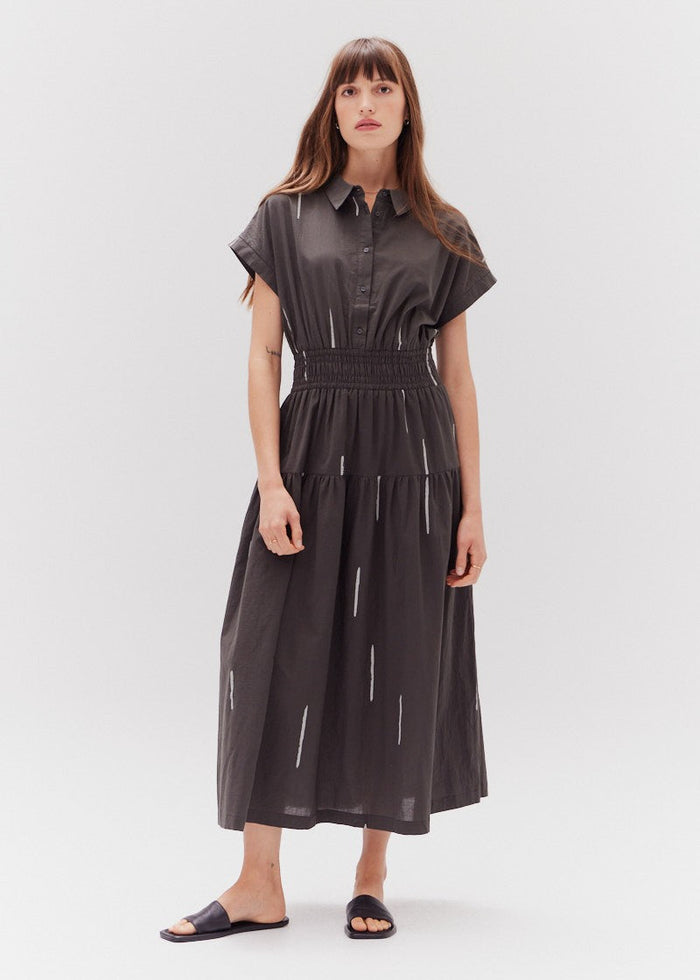 GRADE & GATHER COTTON PRINT SHIRT DRESS – MATCHSTICK PRINT MIDI WITH COLLAR AND STRETCHY WAISTBAND