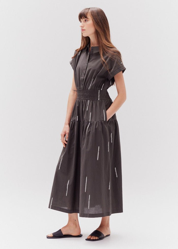 GRADE & GATHER COTTON PRINT SHIRT DRESS – MATCHSTICK PRINT MIDI WITH COLLAR AND STRETCHY WAISTBAND