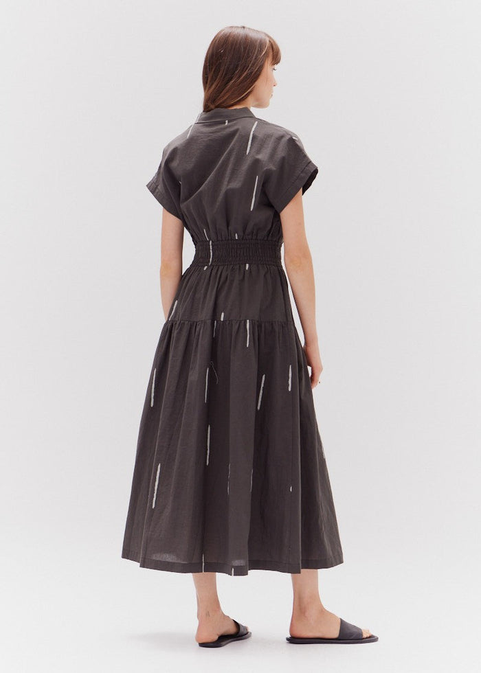 GRADE & GATHER COTTON PRINT SHIRT DRESS – MATCHSTICK PRINT MIDI WITH COLLAR AND STRETCHY WAISTBAND