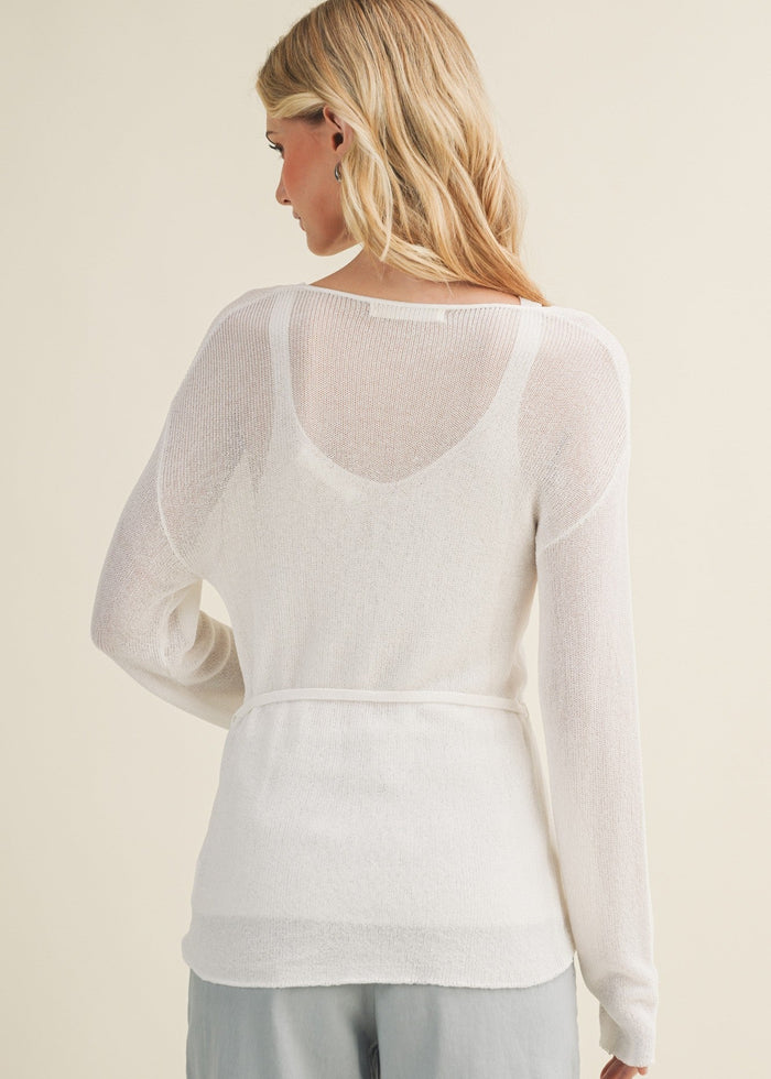 Woman wearing a cream ribbed knit cardigan with a V-neckline and tie waist, shown from the back.