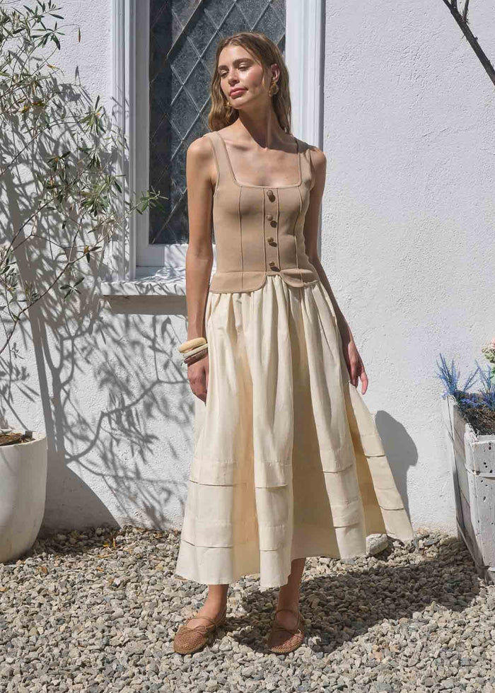 Khaki sleeveless midi dress with square neckline, button front bodice, and tiered skirt with horizontal seam details.