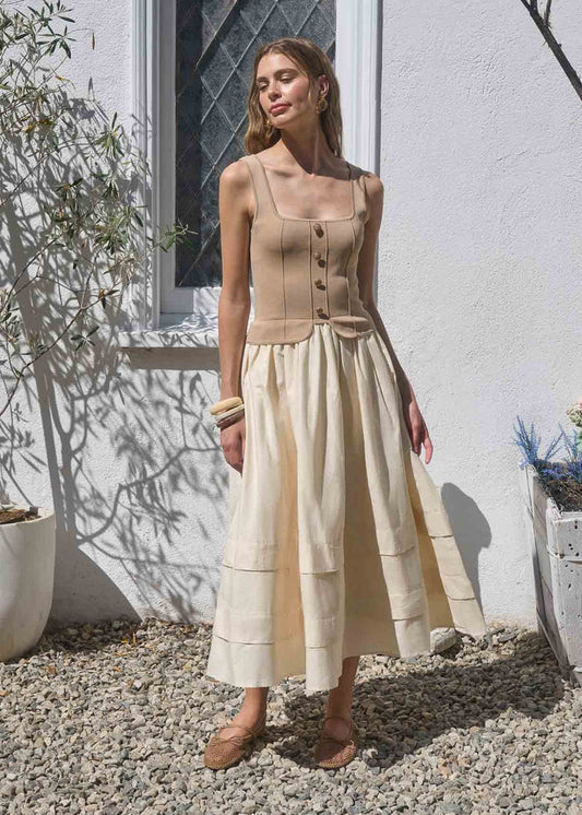 Khaki sleeveless midi dress with square neckline, button front bodice, and tiered skirt with horizontal seam details.