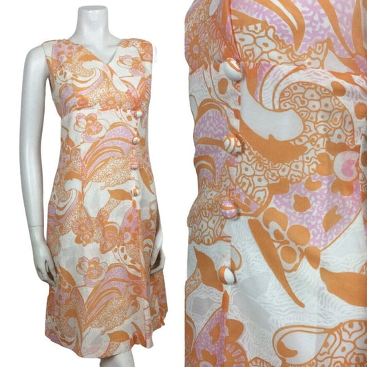 AMAZING 60S VINTAGE WHITE ORANGE PINK PSYCHEDELIC DRESS 14