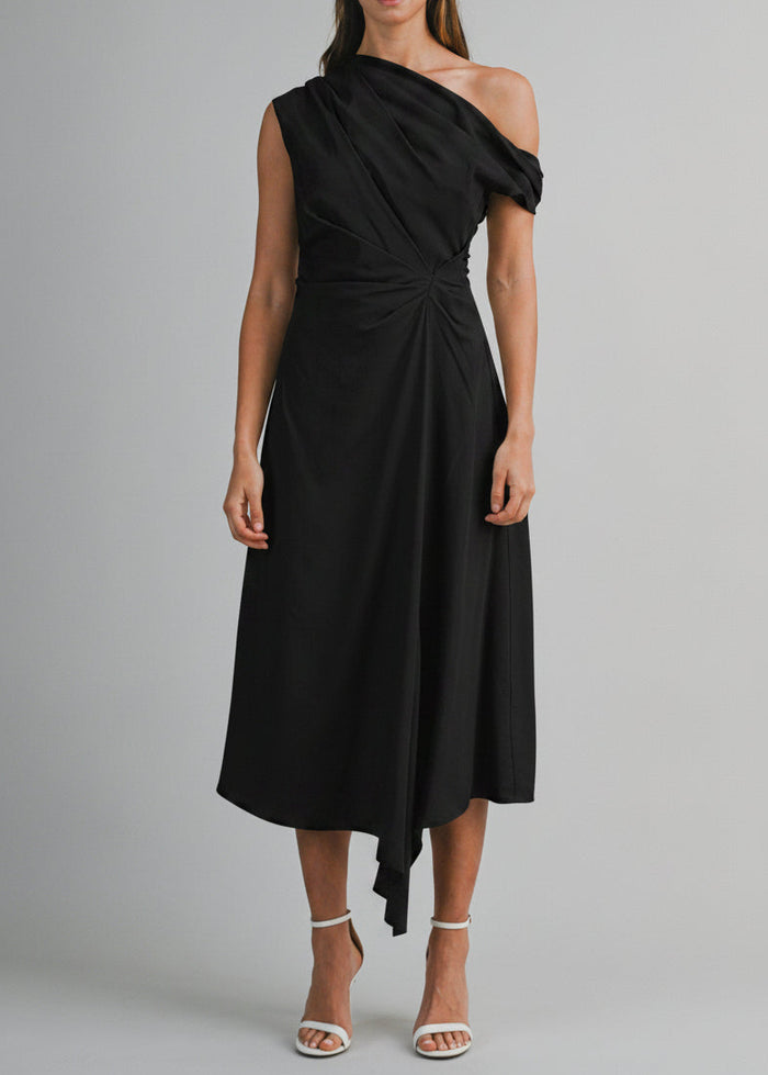 Black one-shoulder midi dress with twisted waist detail and asymmetrical draped hem.