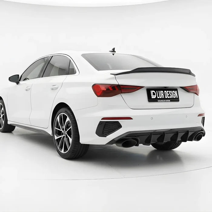 Rear diffuser splitter for Audi A3 S3 8Y Sedan White car with a black LUR Design rear spoiler on a white background