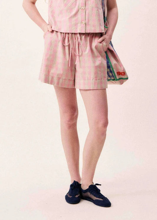 Pink and green plaid pull-on shorts with drawstring waist and side pockets.