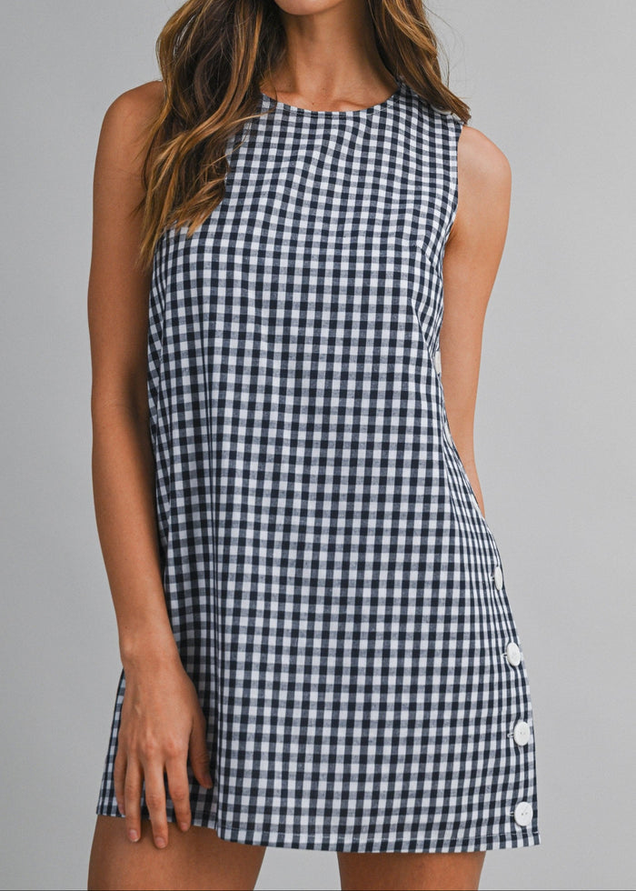 GINGHAM PLAID SIDE BUTTON MINI DRESS