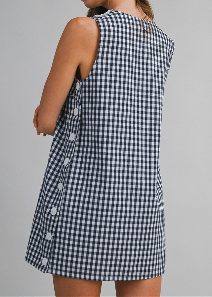 GINGHAM PLAID SIDE BUTTON MINI DRESS