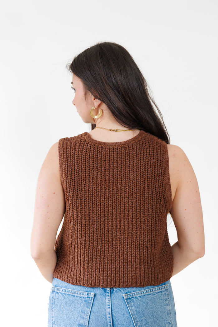 Brown ribbed knit sleeveless top with crew neckline, shown from back view.